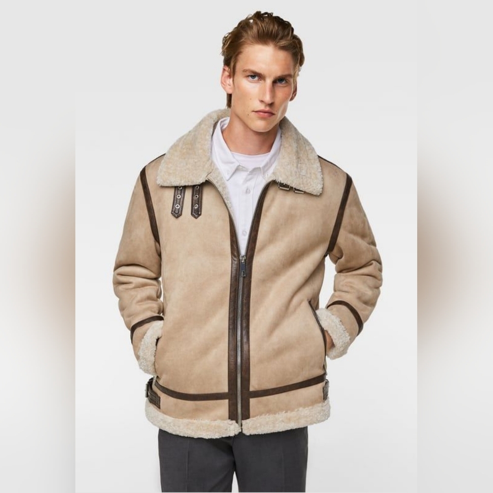 Zara Men's  bomber Jacket beige Brown Faux Fur leather size Large